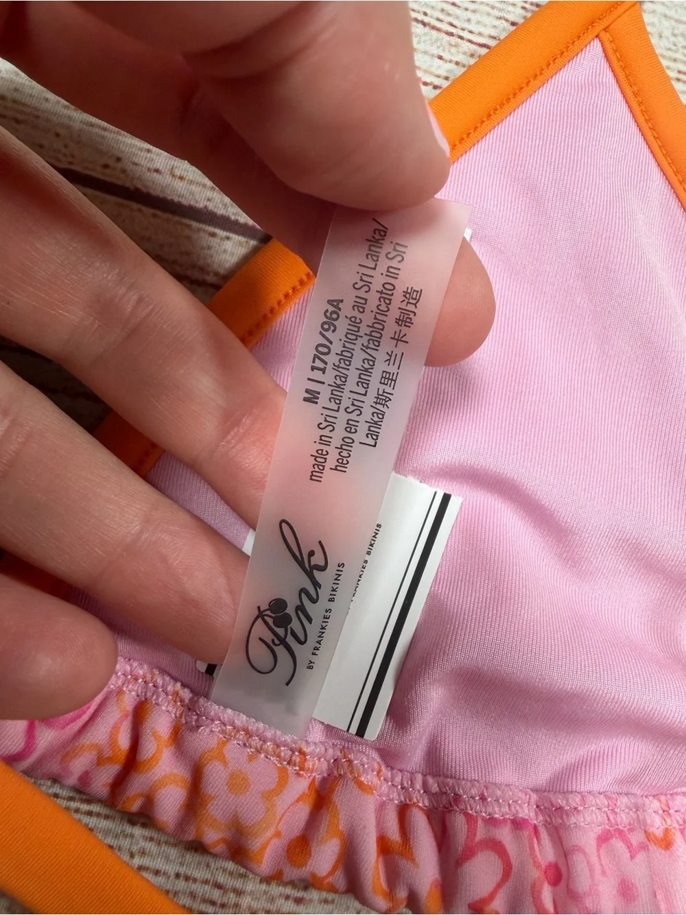 Frankie's Bikinis Orange Trim Pink Floral Cape May Triangle Bikini Top